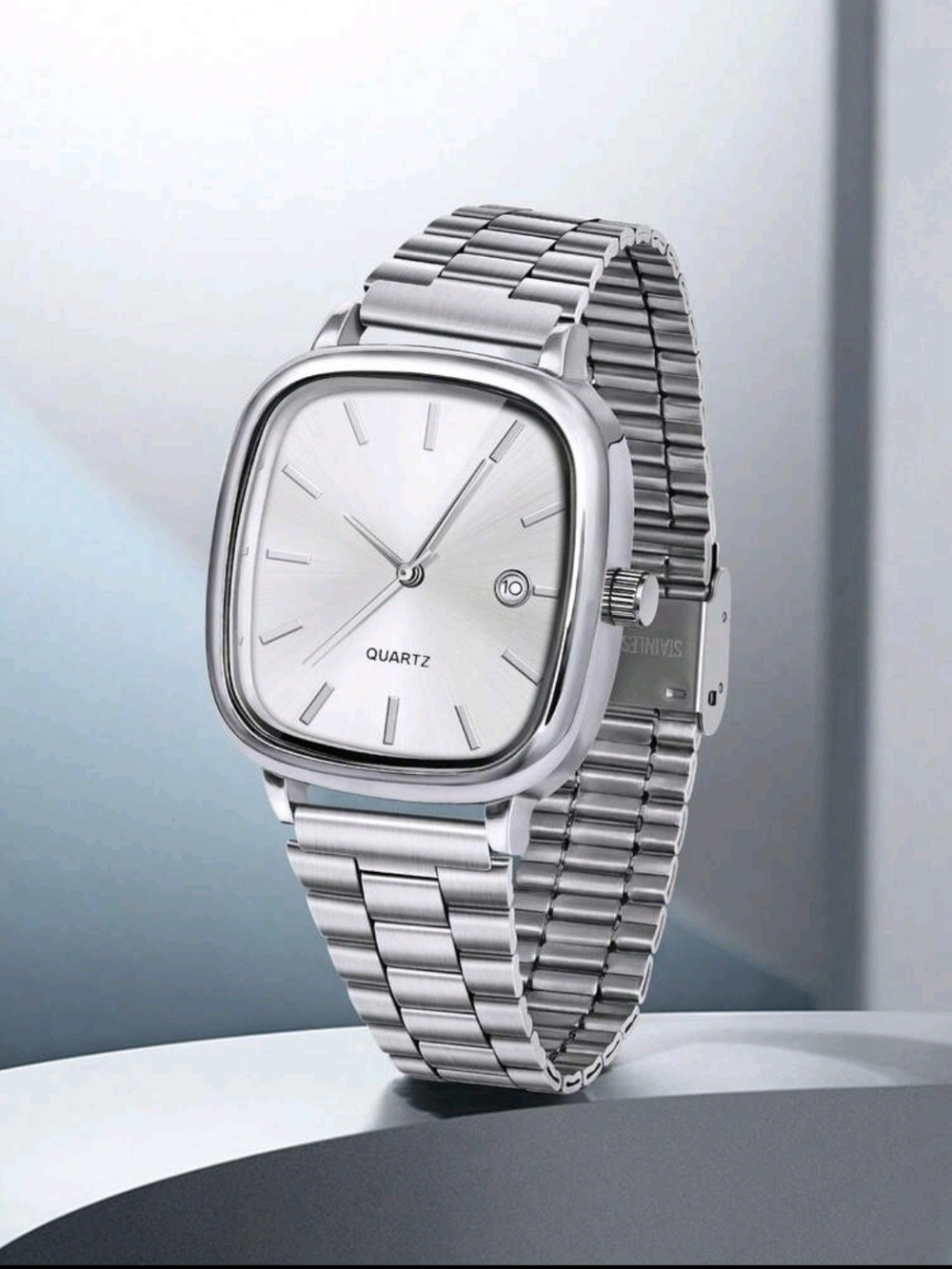 Silver Men’s Quartz Square Watch with Stainless Steel Bracelet